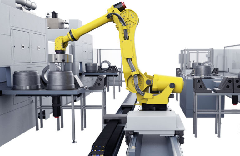 Mounted on a linear guide, the industrial robot enables precision movements along a rail.